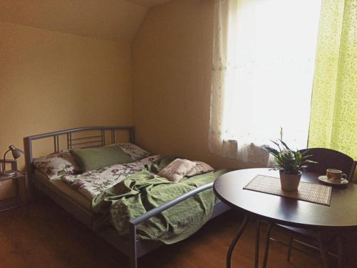 a small bedroom with a bed and a table at Przylesie in Uniejow