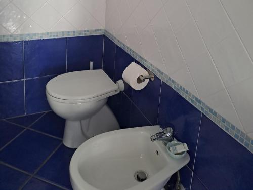 a blue and white bathroom with a toilet and a sink at Il nido dei nonni in Maiori