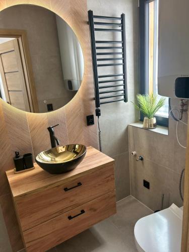 a bathroom with a sink and a mirror at Stodoły ForRest in Czarna