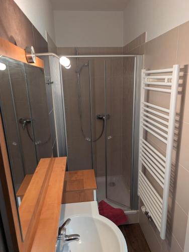 a bathroom with a shower and a sink and a sink at Pension Quartier 11 in Waren