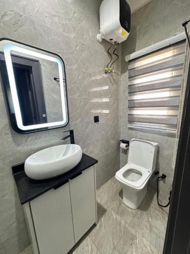 a bathroom with a white toilet and a sink at Skybuilt Apartment in Abuja