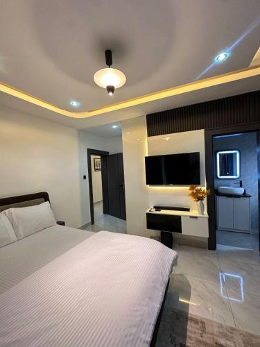 a bedroom with a large bed and a television at Skybuilt Apartment in Abuja