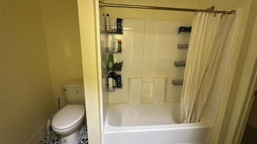 a bathroom with a shower with a toilet and a shower curtain at Central LA Shared Living #2 in Los Angeles