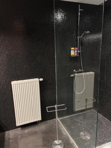 ein Badezimmer mit Dusche mit Glastür in der Unterkunft Aikje in Nazareth