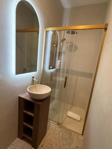 a bathroom with a shower with a sink and a mirror at DomaineduRocBlanc in Merey