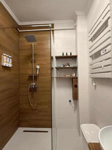 a shower with a glass door in a bathroom at Harmony Suite Apartment in Pápa