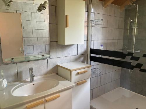 a bathroom with a sink and a shower at Chalet de montagne, très confortable, neuf in LʼArgentière-la-Bessée