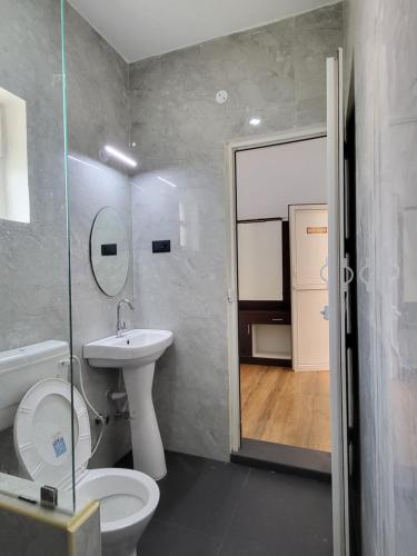 a bathroom with a toilet and a sink and a mirror at The heights holidays in Kodaikānāl
