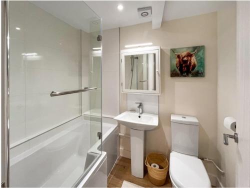 a bathroom with a toilet and a sink and a shower at Borders Cottage in Coldstream