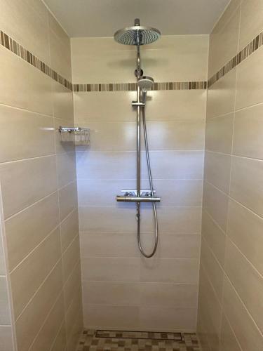 a shower with a shower head in a bathroom at Ferienhaus Hartmut Löschke in Rheinsberg