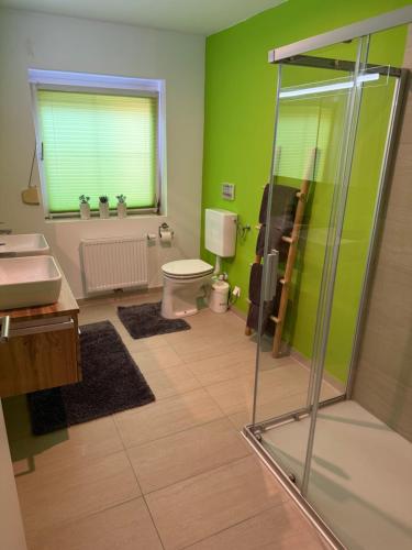 a bathroom with a shower and a toilet and a sink at Schönblick in Oberaichwald