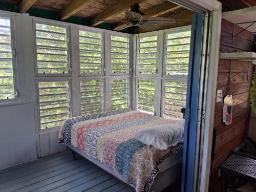 a bedroom with a bed in a room with windows at Neptunes Home in Saint John