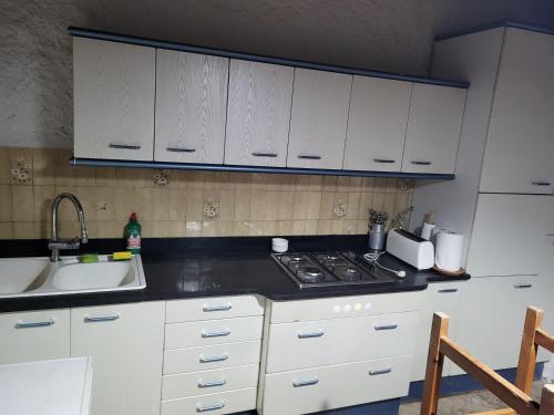 a kitchen with white cabinets and a sink at Can Cuti in Santa Eulalia de Ríuprimer