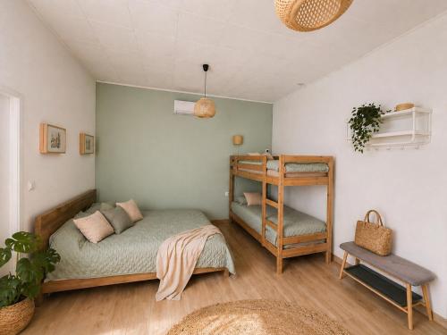 a bedroom with a bed and a shelf at Apartament Panorama - noclegi blisko Energylandii in Bachowice