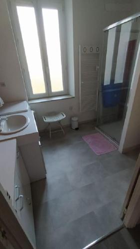 a bathroom with a shower and a sink and a mirror at Location maison in Neussargues-Moissac
