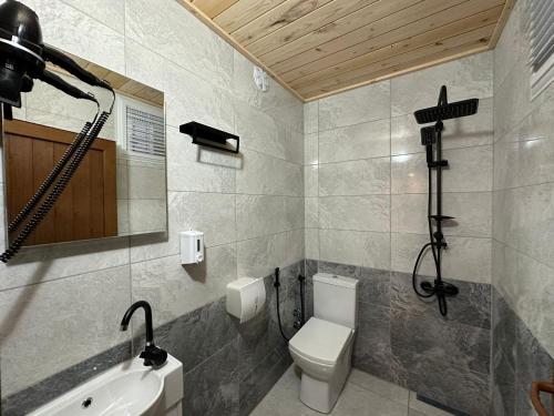 a bathroom with a toilet and a sink and a mirror at Nirvana Suite Hotel in Uzungöl