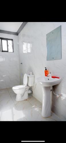 a white bathroom with a toilet and a sink at Malindi Leisure homes in Malindi