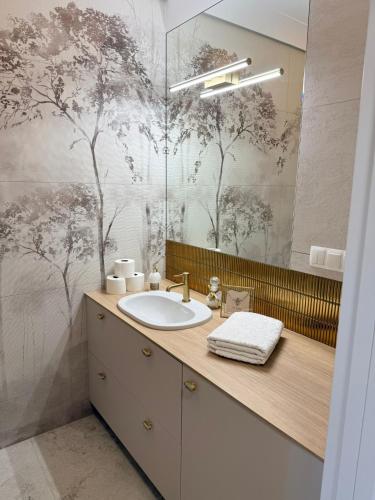 a bathroom with a sink and a mirror at Olimpia Luxury Apartment in Lębork