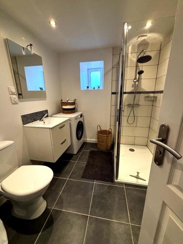 a bathroom with a toilet a sink and a shower at Au Morvan Voyageur in Asquins