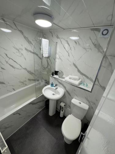 a bathroom with a white toilet and a sink at Chapelhall Contractor Stay in Chapelhall