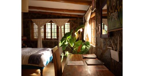 a bedroom with a table and a bed and windows at Oloile - Home By The Park in Nairobi