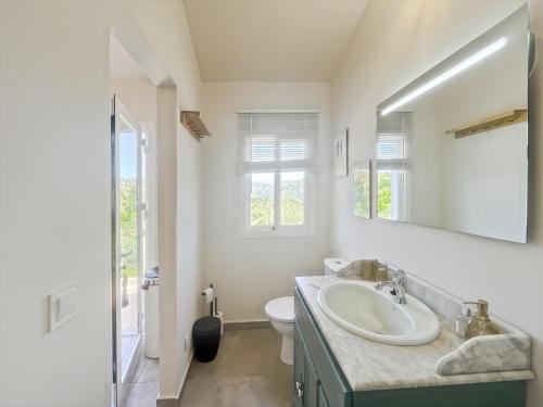 a bathroom with a sink and a toilet and a mirror at Hacienda Gallego in Málaga