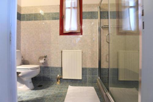 a bathroom with a toilet and a glass shower at GLAFKY Retreat in Panormos