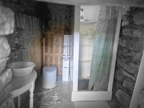 a bathroom with a sink and a toilet at La petite caravane de Vallye in Maxent