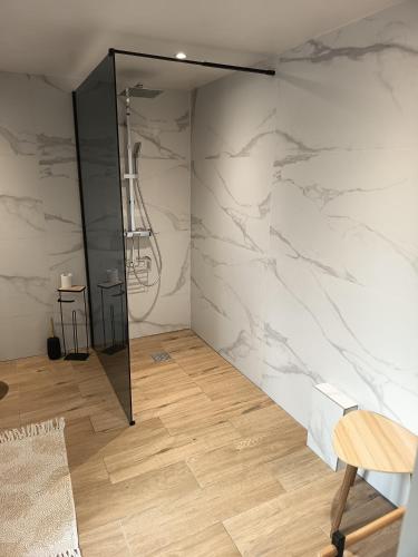 a bathroom with a shower with white marble walls at Le torii in Cilaos