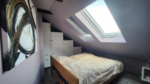 a bedroom with a bed and a skylight at Sorayas Welt in Neufeld