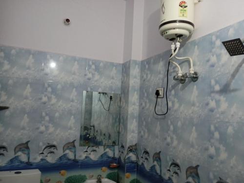 a bathroom with a shower with clouds on the wall at DEV PALACE Hotel & Hostel in Palāi