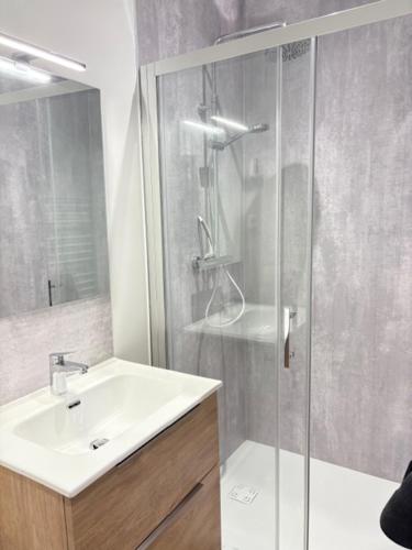 a bathroom with a sink and a shower at La Villa Louana 1 Appartement 160m2 sobriété,élégance en cœur de ville in Aubusson