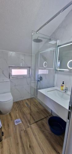 a bathroom with a toilet and a sink and a shower at Sunrise Lindita in Pukë