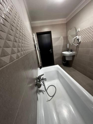 a bathroom with a bath tub and a sink at Pensiunea La Cuscrii in Arad