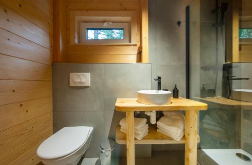a bathroom with a toilet and a sink on a table at Chata a Chalety Starý mlyn in Veľká Franková