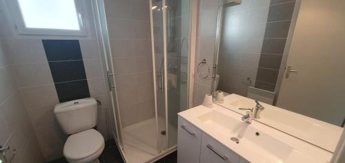 a bathroom with a toilet and a sink and a shower at Maison familiale Montardon in Montardon