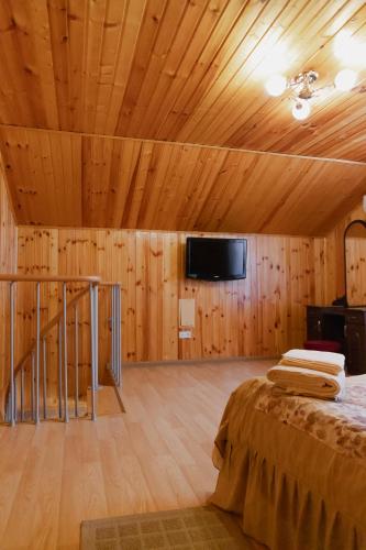 a room with a bed and a flat screen tv at Санаторій Сонячний in Verbki