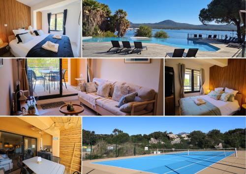 a collage of photos of a hotel room with a pool at KerTerra Corsica - Apt 3 chambres - Piscine & plage privée in Pianottoli-Caldarello
