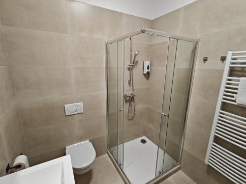a bathroom with a shower and a toilet at Apartmány Promenáda in Trutnov