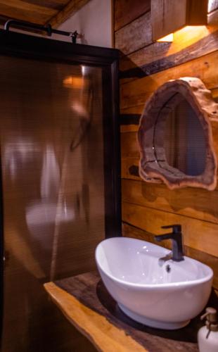 ein Badezimmer mit einem weißen Waschbecken und einem Spiegel in der Unterkunft Cabaña Jules in Bacalar