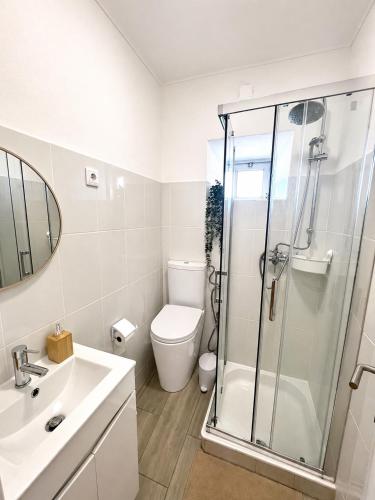 a bathroom with a shower and a toilet and a sink at Refúgio do Bugalho - Casa da Oliveira in Alandroal
