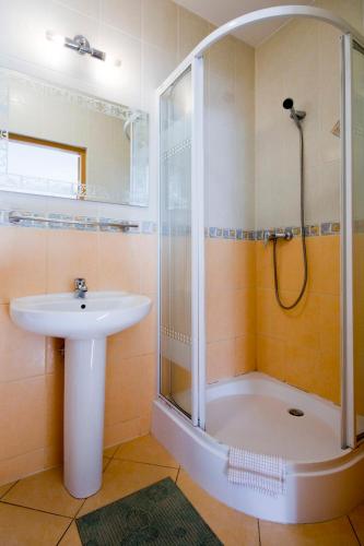 a bathroom with a sink and a shower at Willa Ewa in Lądek-Zdrój