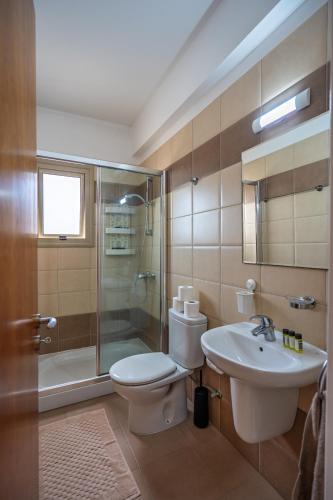 a bathroom with a toilet and a shower and a sink at Mambo Private Villa with Pool by the Beach in Paralimni