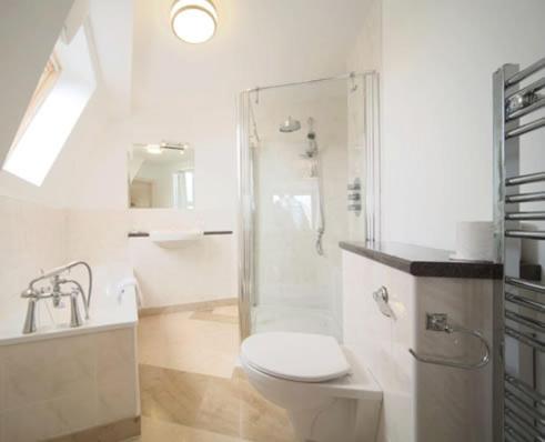 a white bathroom with a toilet and a shower at The Waterfront Hotel in Baltimore