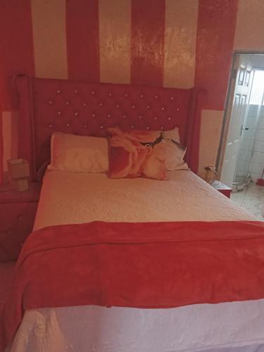 a bedroom with a large bed with a red headboard at Qbela in Phuthaditjhaba