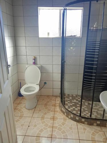 a bathroom with a toilet and a shower at Qbela in Phuthaditjhaba