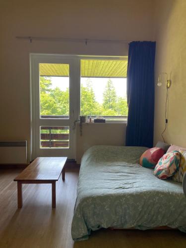 a bedroom with a bed and a table and a window at Appartement en bord de lac in Malbuisson