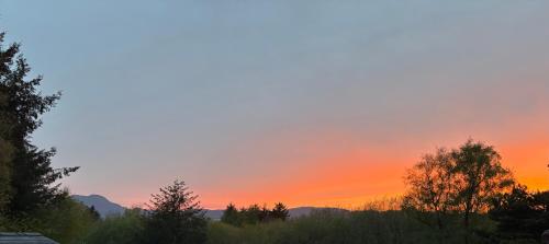 a sunset in the sky with trees in the foreground at Fernleys Place in Trawsfynydd
