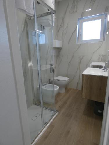 a bathroom with a shower and a toilet and a sink at Le Dune del Gargano in Zapponeta
