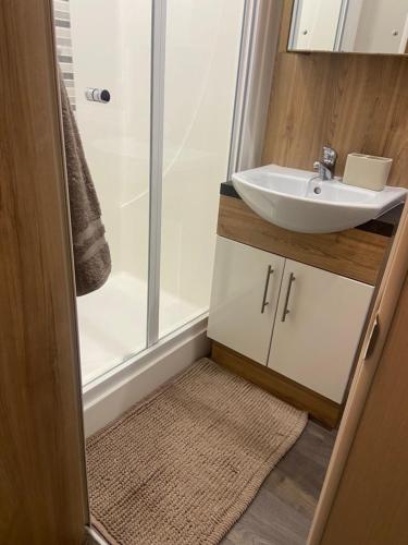 a bathroom with a sink and a shower at Hudsons Pad Sandybay in Newbiggin-by-the-Sea